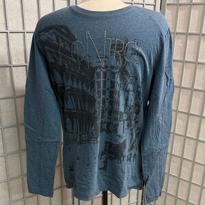 Tristan Navy Blue Long-Sleeve Graphic Tee with Stud Accents